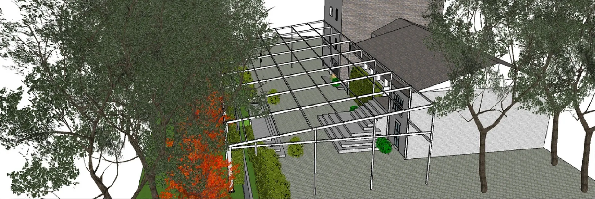 Render em 3D de uma tenda transparente montada num jardim, com árvores
